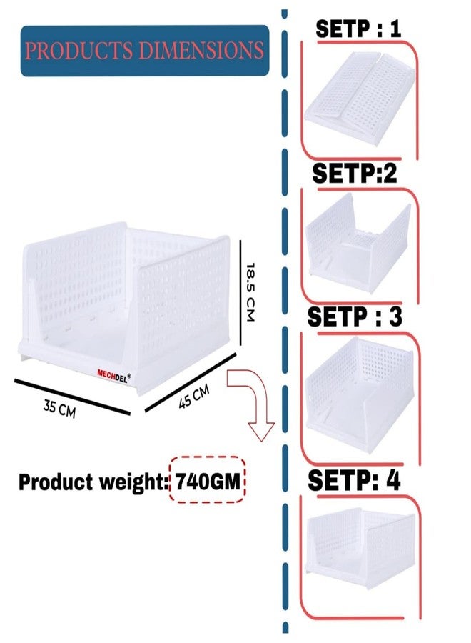 MECHDEL | Wardrobe Organizer For Clothes | Cupboard Organizer | Foldable Shirt Stacker Box | Cloth Box for Almirah | Closet Storage Basket |Plastic Stackable Closet Organizer (White, 2PCS) - Image 2